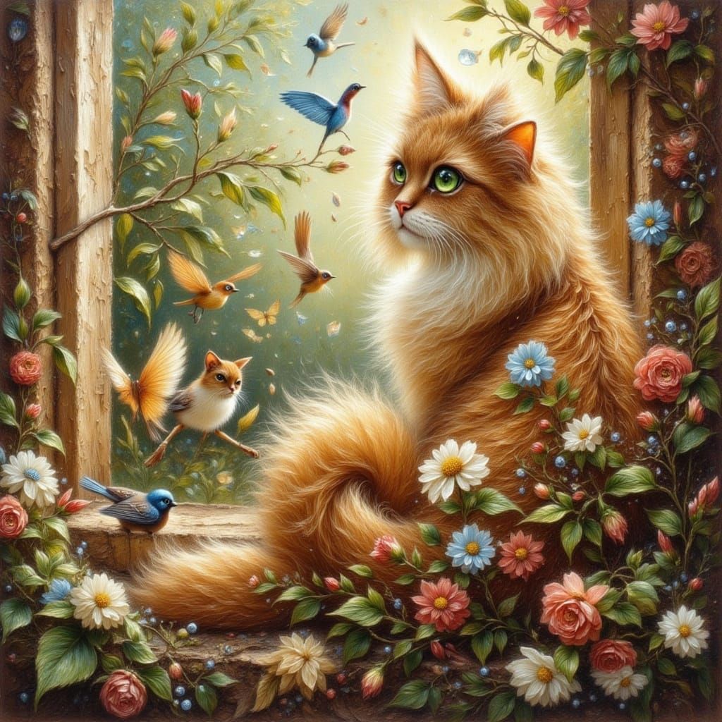 Beautiful Long Haired Cat Watching Garden Animals