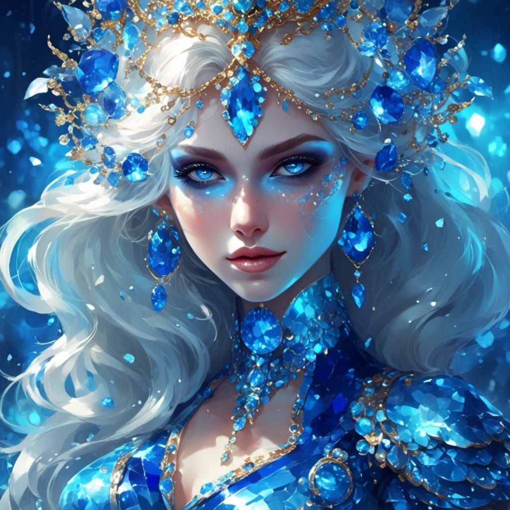 Alluring Figure with Metallic Eyes in Electric Light