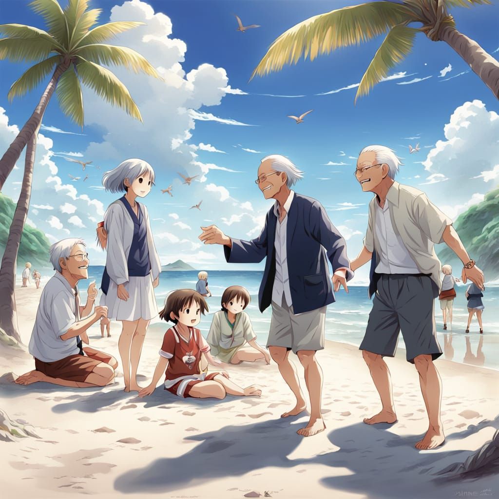 Joyful Seniors at the Beach: Anime-Inspired Art
