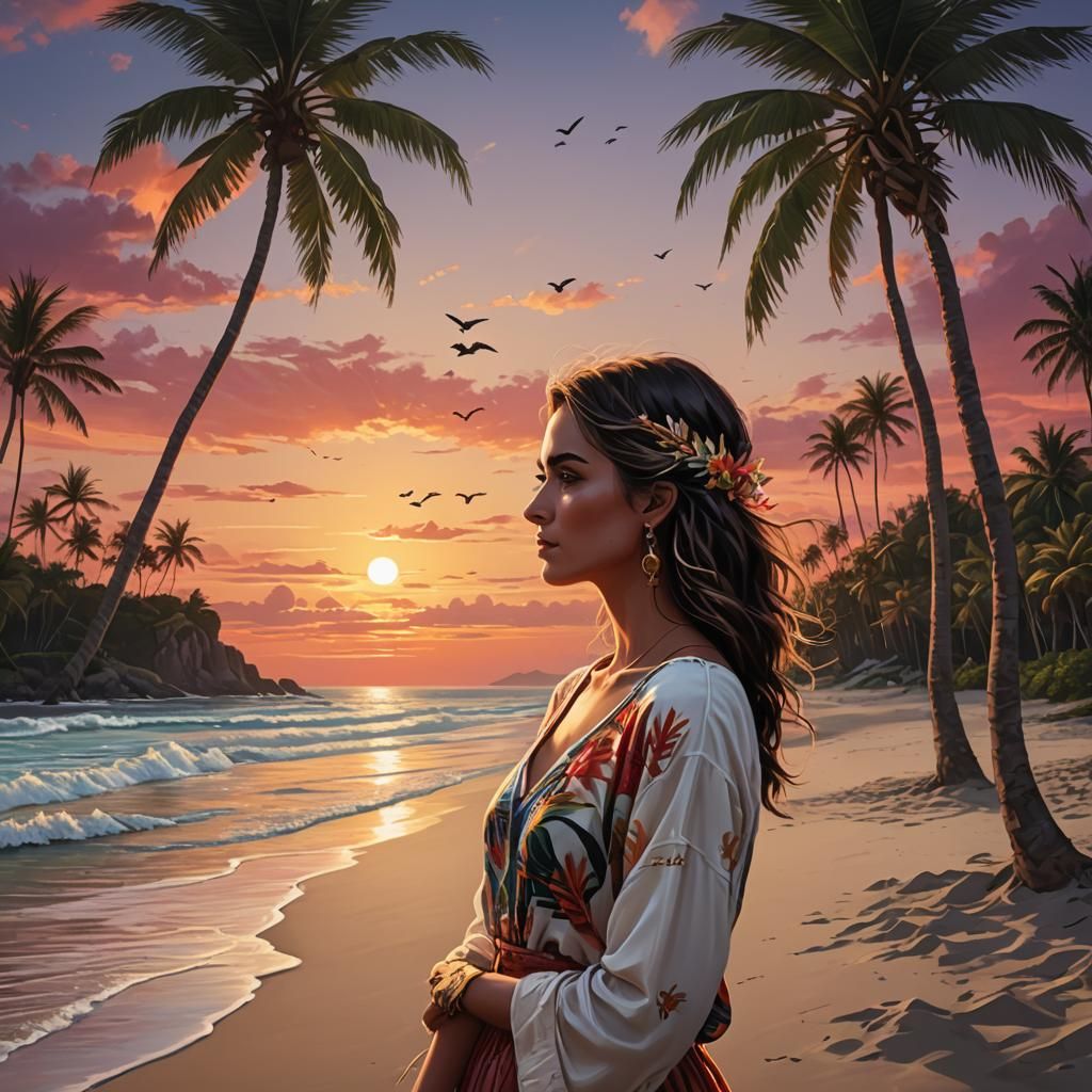 whimsical digital art acrylic a lovely sunset over a beach w...