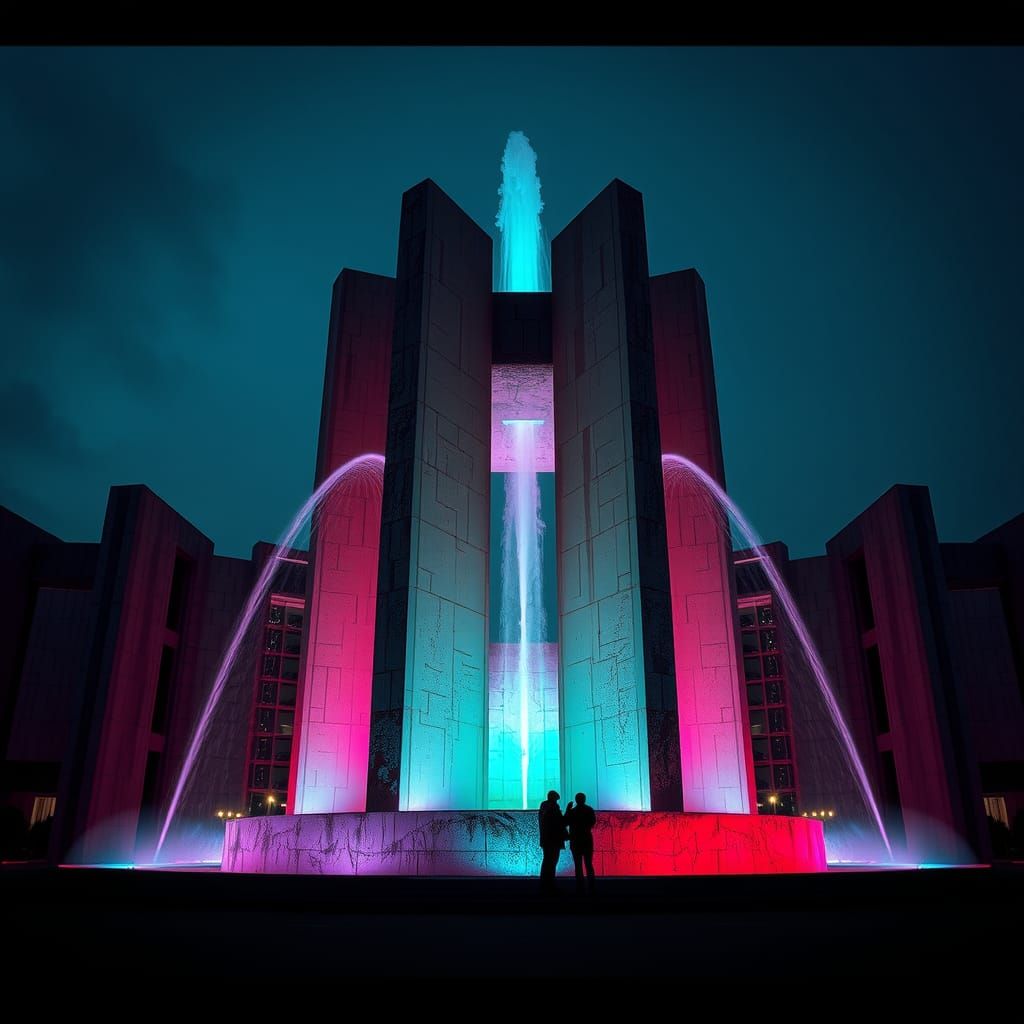 Monumental Brutalist Fountain with Rainbow LEDs