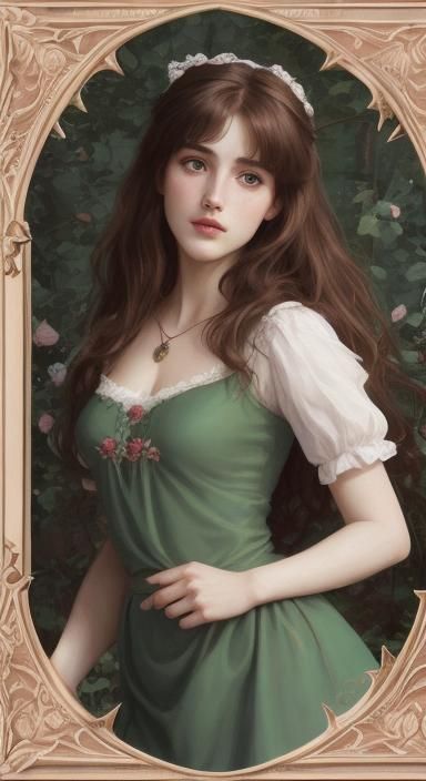 Maid Marian ruby accents on frame petite french model plump face medium length brown hair brown eyes 6'3" symmetrical -1...