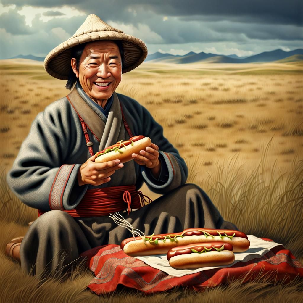 Mongolian Man Enjoys Hot Dog in Grassland