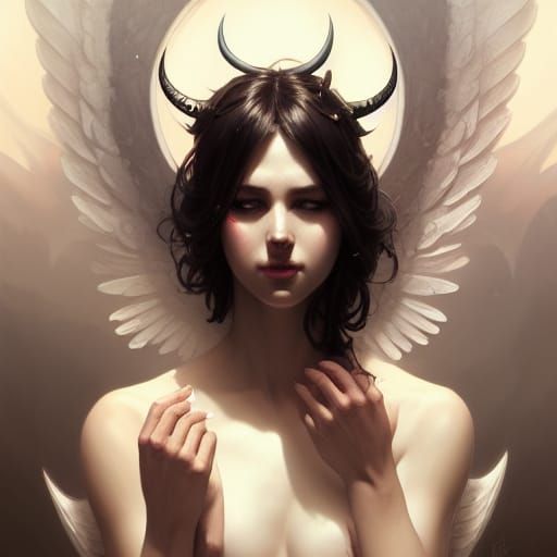 Dramatic Angel Portrait with Black Wings and Horns
