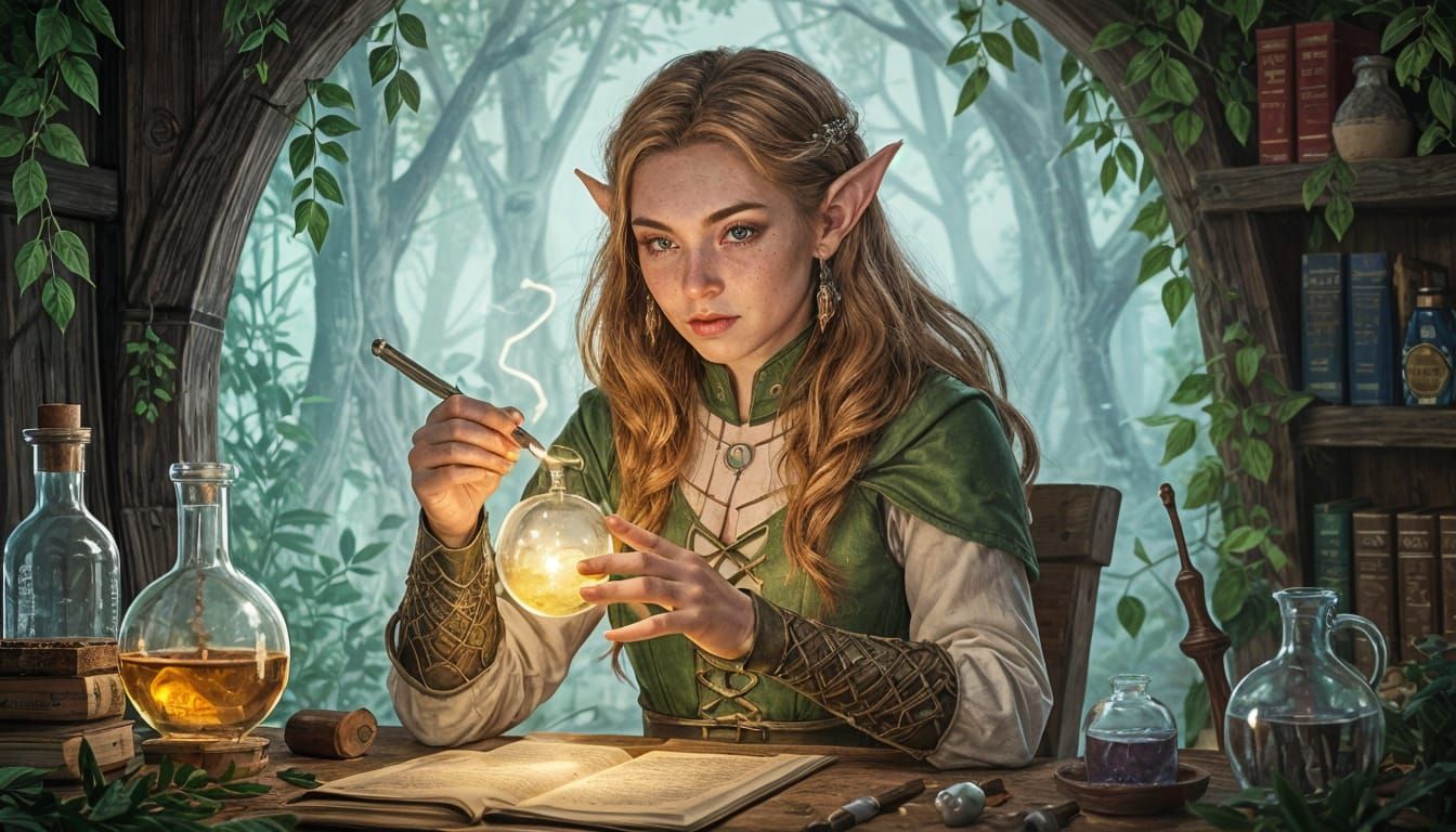Elf Mage Crafting Potion in Forest Laboratory