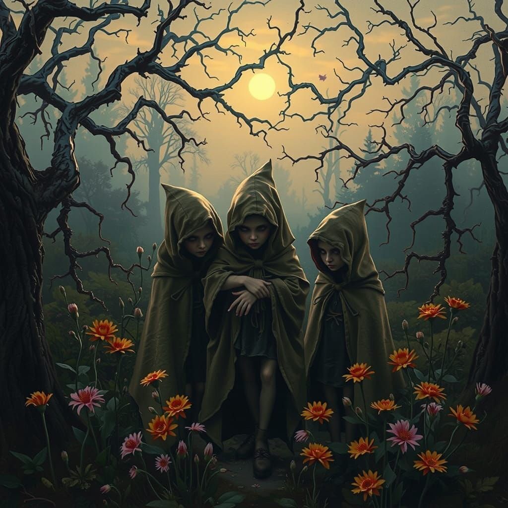 Ethereal Figures in Whimsical Twilight Garden