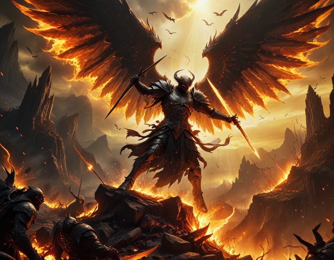 Archangel Fighting Demons in a Gothic Hellscape