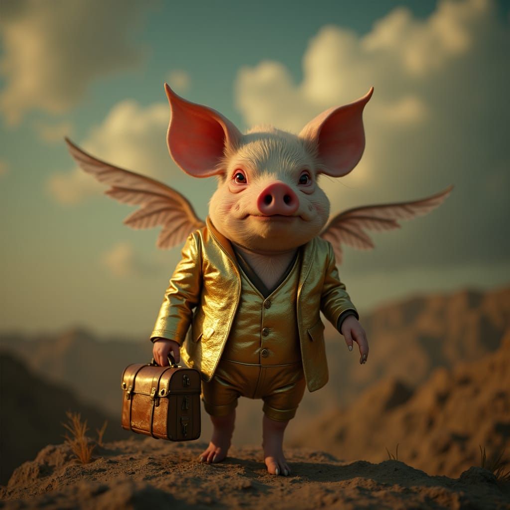 Golden Pig with Wings: Cinematic Digital Art