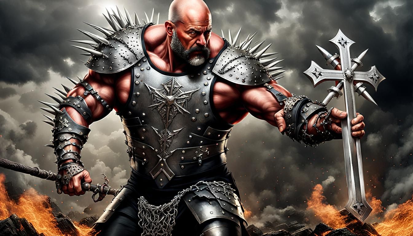 Muscular Knight Pulling Car in Thorns and Silver Armor