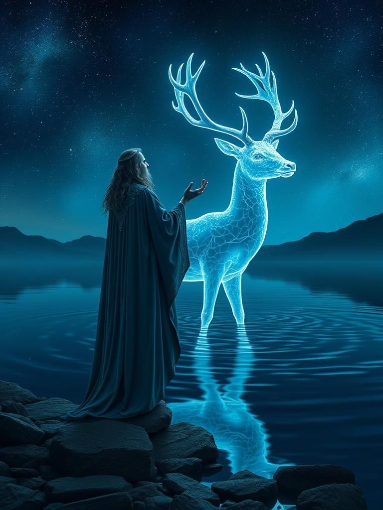 Bioluminescent Deer Summoned by Druid: Digital Art