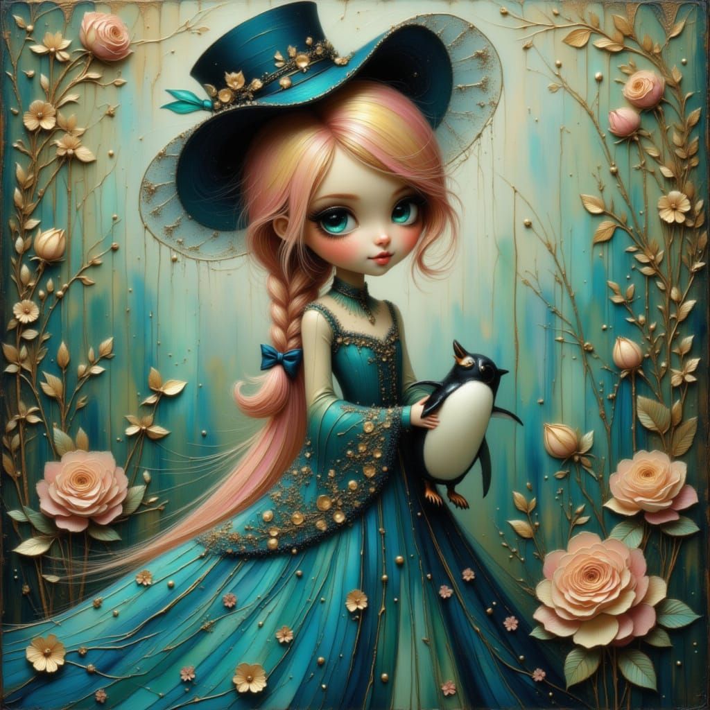 Beautiful Woman in Teal Corset Dress with Penguin