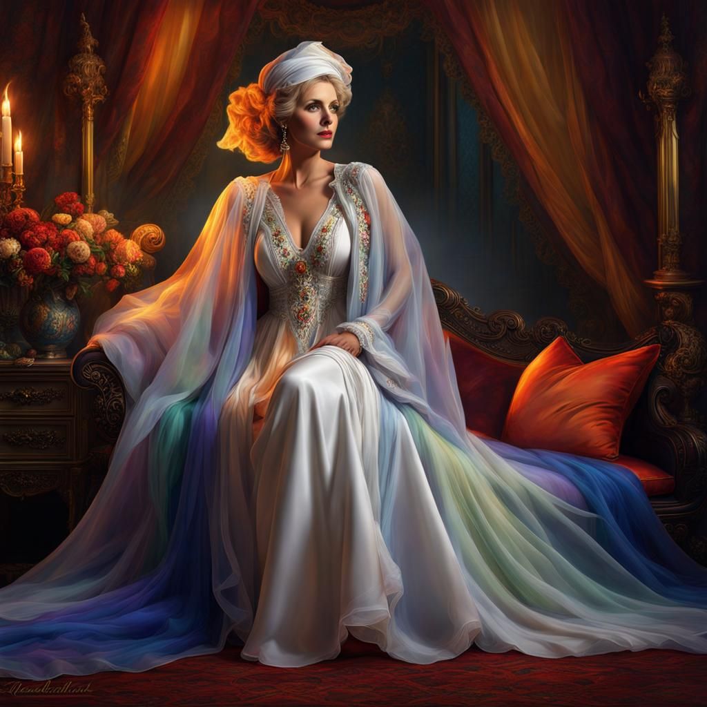 Glamorous Lady in Colorful Nightwear: Fantasy Concept Art