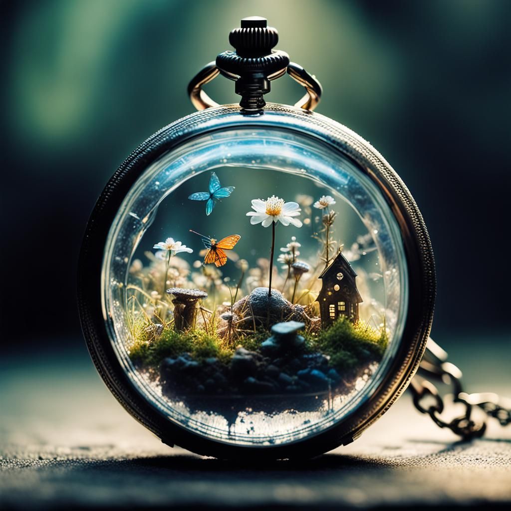Fairy Garden Microcosm in Crystal Pocket Watch
