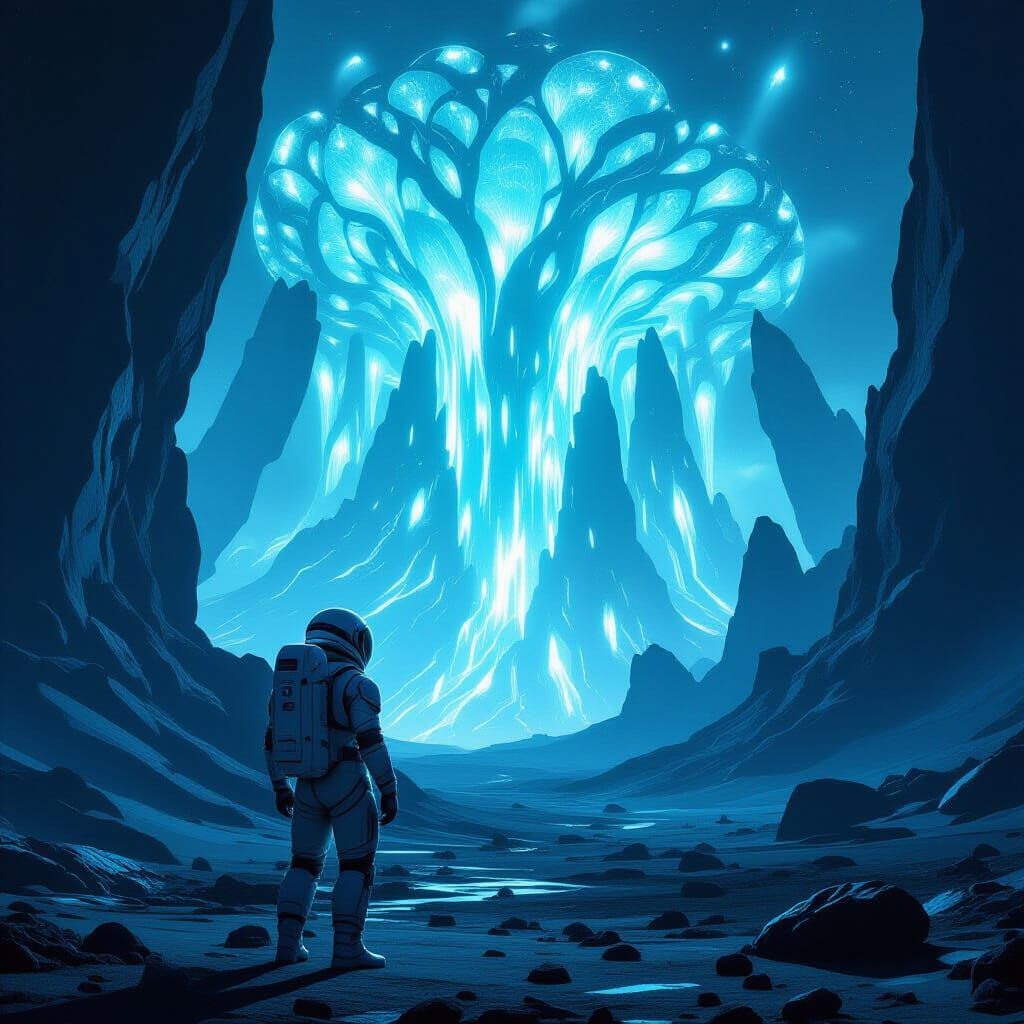 Astronaut Explores Alien Planet's Glowing Forest