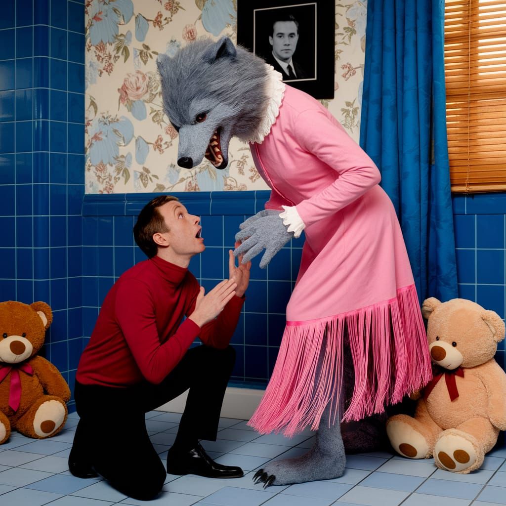 Man Cowers Before a Fierce Creature in a Whimsical Bathroom