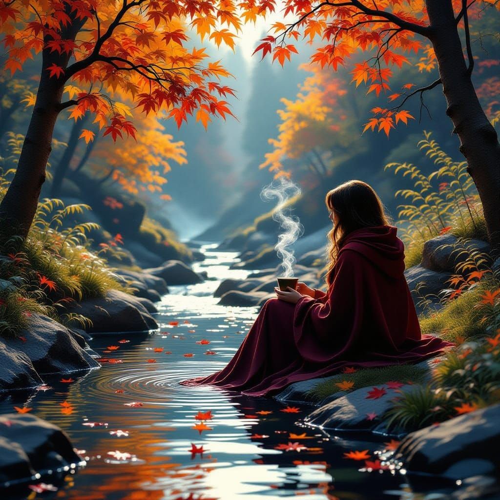 Autumn Serenity: Coffee by Creek with Falling Leaves