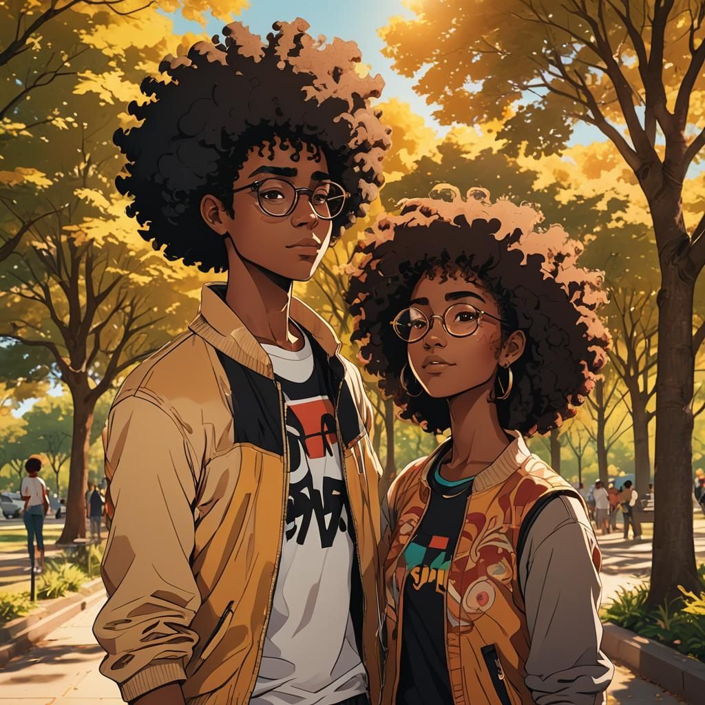 Anime-Style Illustration of Teenagers Embracing in Park