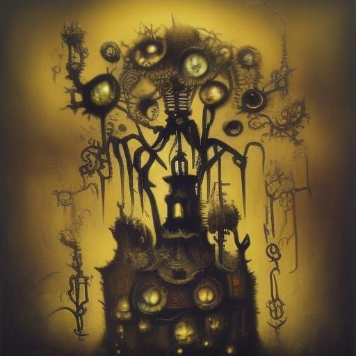 Brass Bonsai Tree in Gilded Bottle, Oil Painting