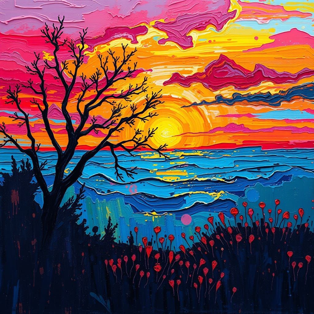 Vibrant Neo-Impressionist Sunset in Thick Oil Paint
