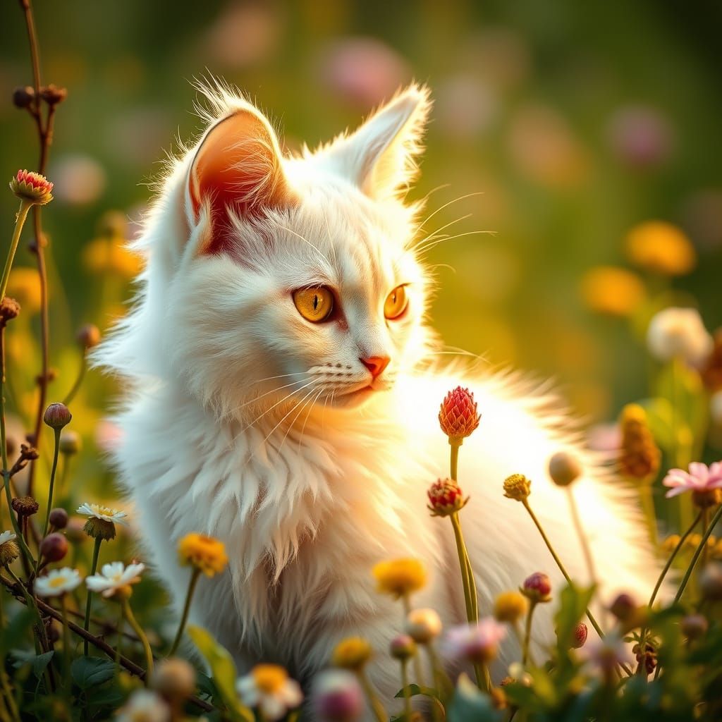 Glowing Winged Cat and Chocobo in Meadow