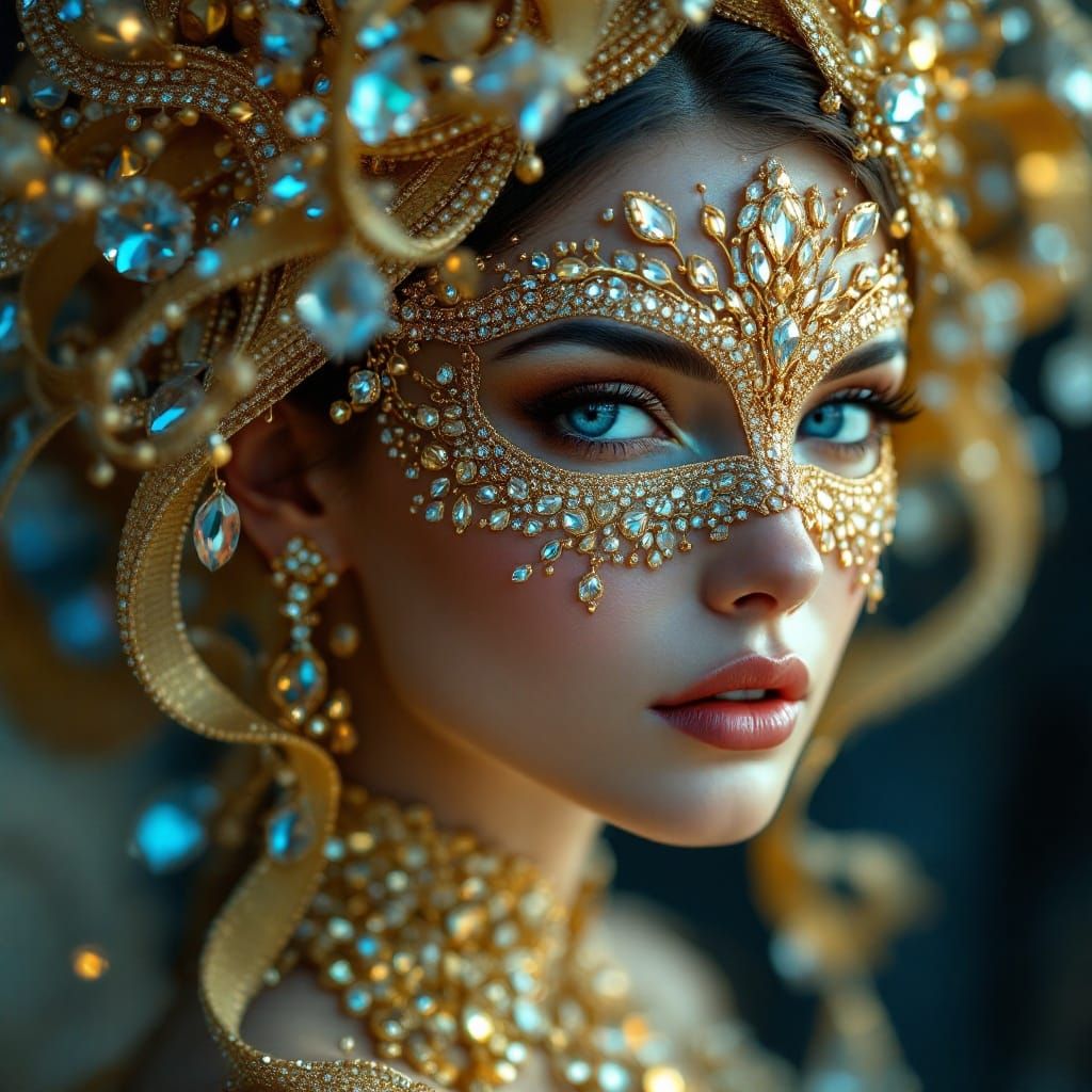 Mesmerizing Portrait of a Woman Wearing a Golden Jewel-Toned...
