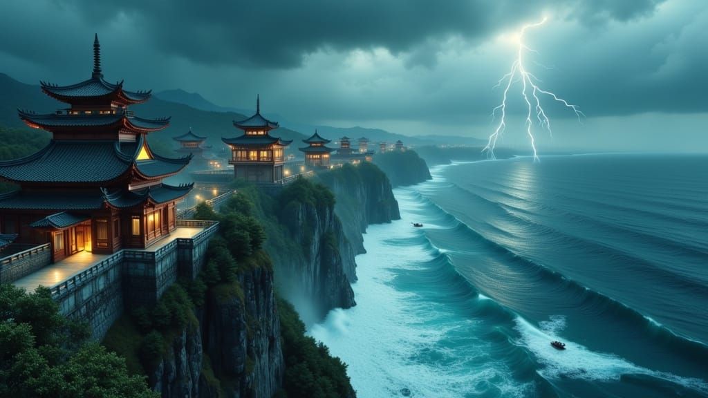 Ancient Chinese Fortress Overlooking Stormy Ocean