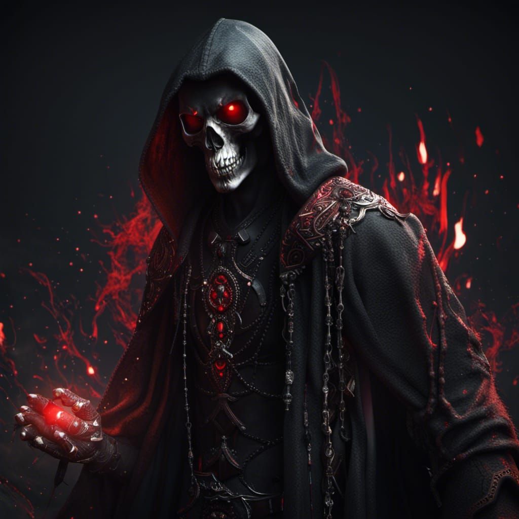 Dark Necromancer Skull with Red Eyes in Armor