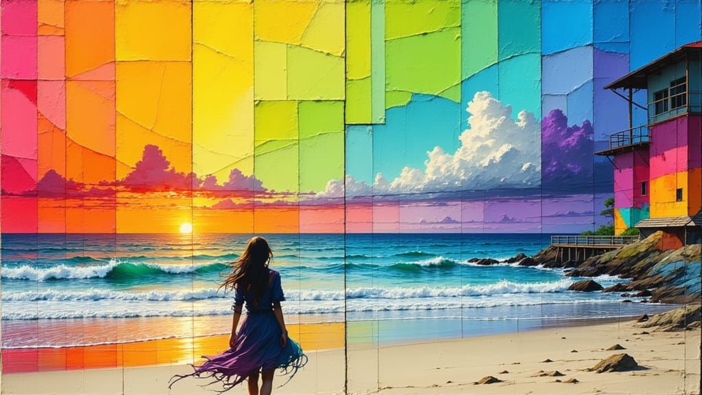 Woman on Beach with Rainbow Sky Mural