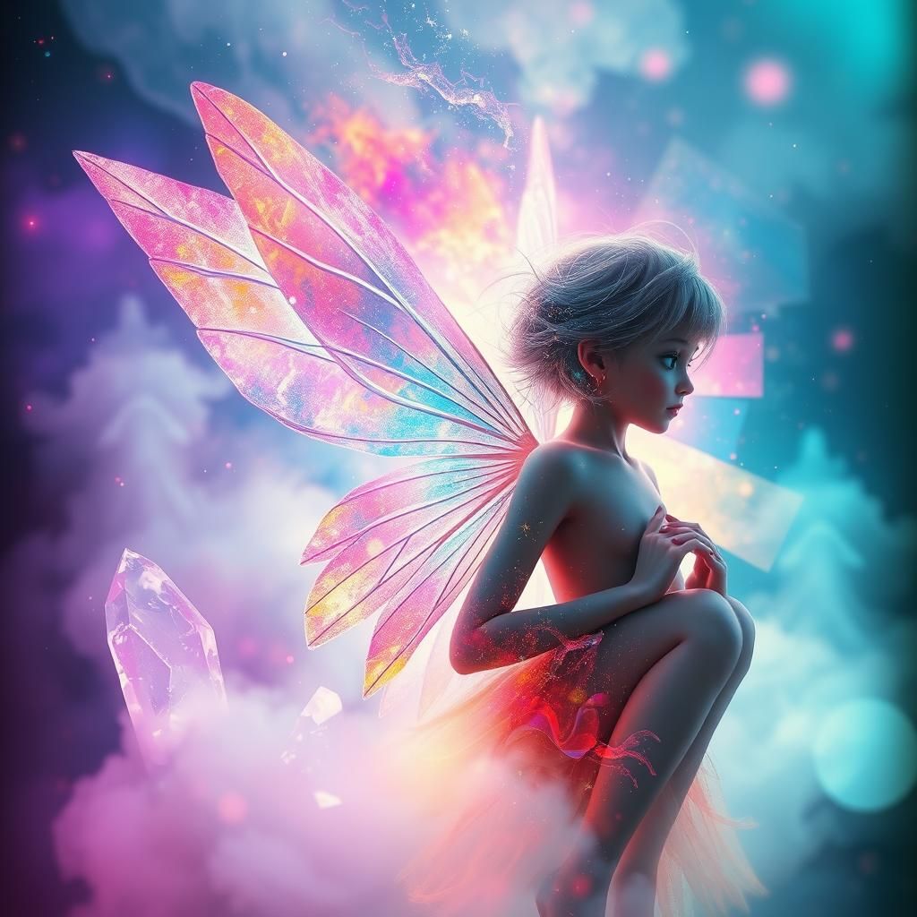 a double exposure of crystals, an eye and a nebula, inside there is a beautiful fairy