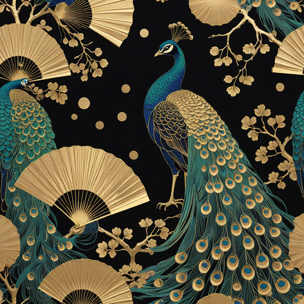 Woman in Kimono with Peacock Feathers amidst Dark Stone Back...