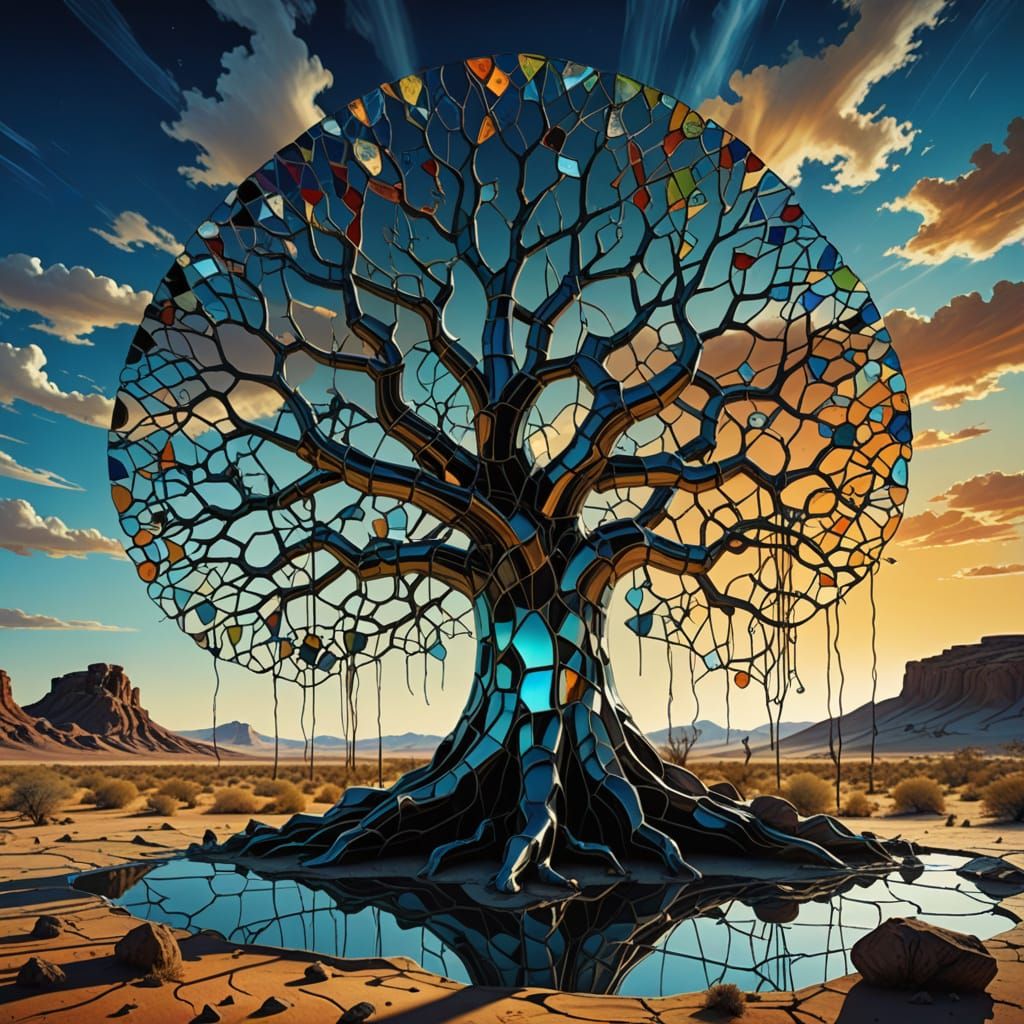 Chrome Circuit Tree in Shattered Glass Desert Under Twin Sun...