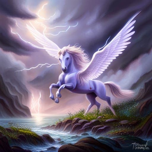 Purple Pegasus in Stormy Sky: Ethereal Fantasy Art