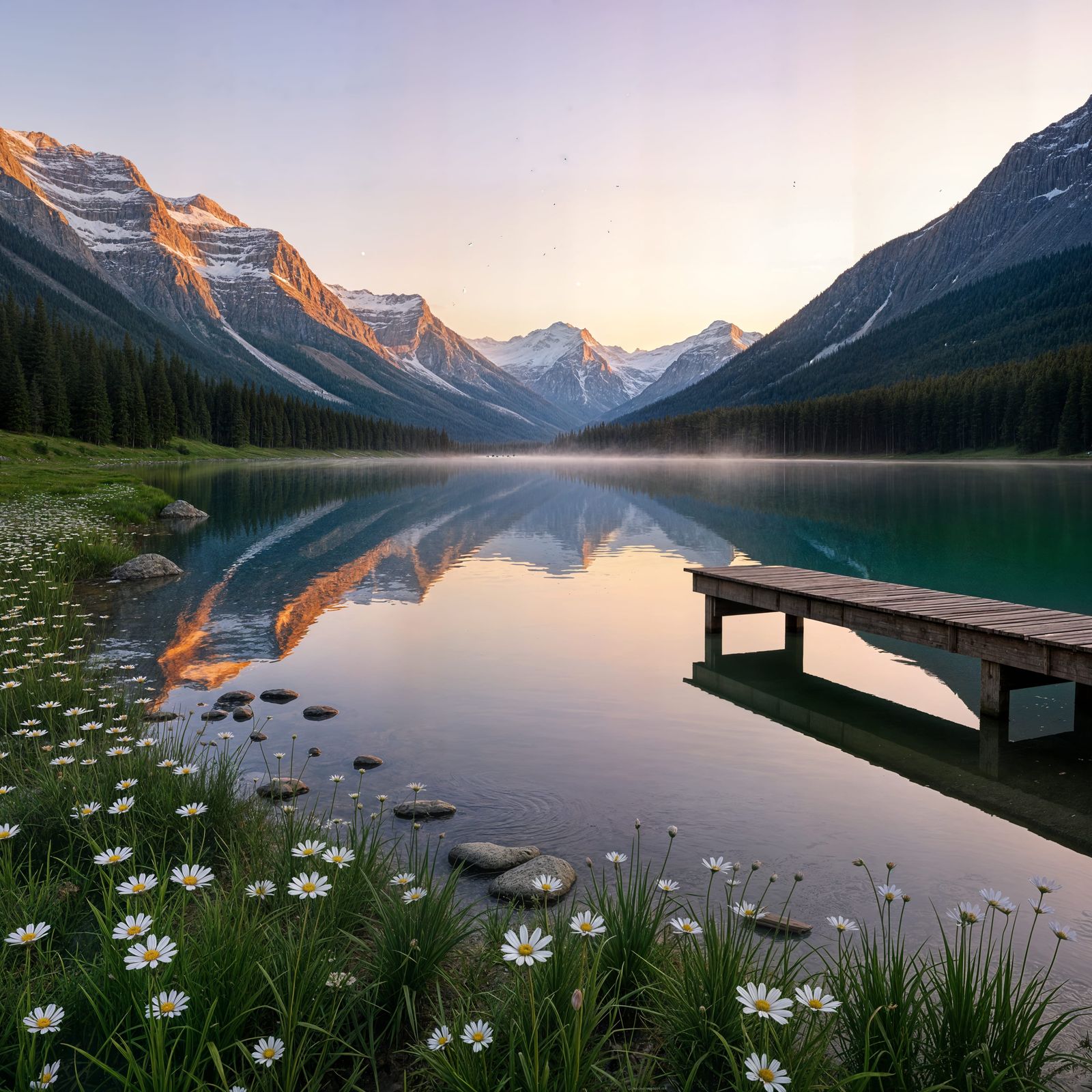 Serene Alpine Lake Reflection at Golden Hour Dawn