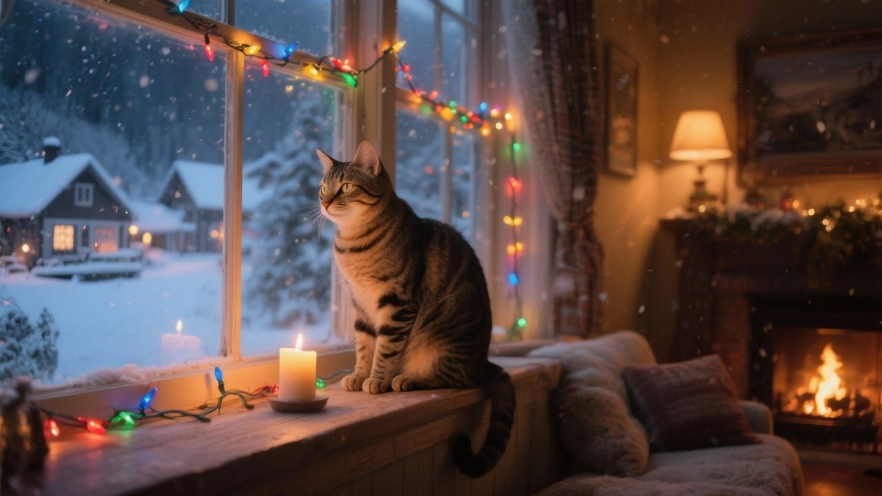A cat sits on the windowsill in a warm living room.