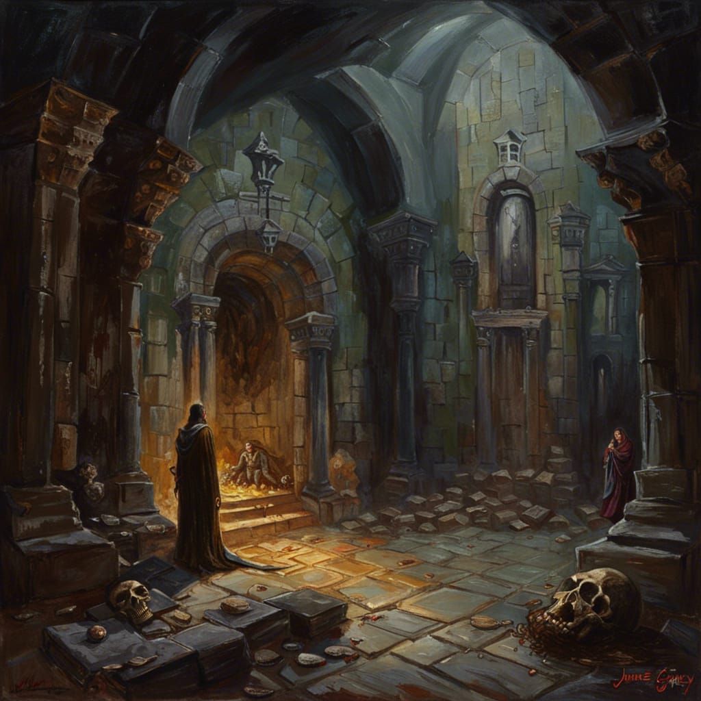 Dark Crypt Interior Oil Painting