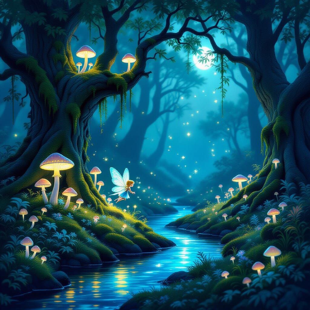 Enchanted Forest Clearing with Sprite and Bioluminescent Mus...