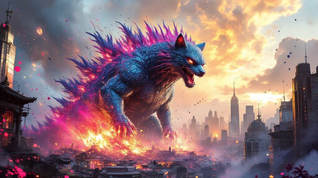 Iridescent Godzilla Cat Wreaks Havoc: Photorealistic Metropo...