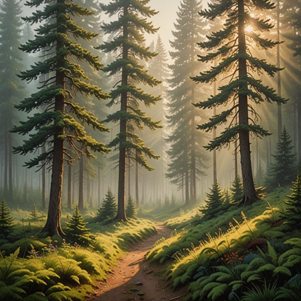 Ethereal Morning in a Coniferous Forest
