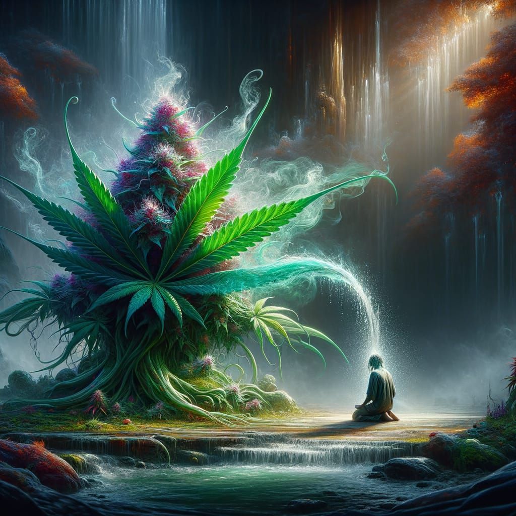 Fantastical Role Reversal: Cannabis Plant Tends Human Figure