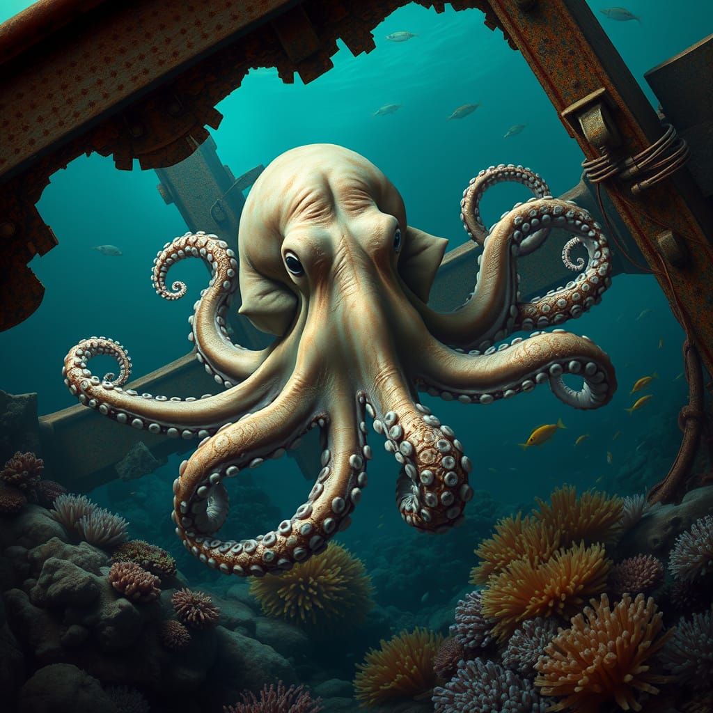 Octopus Exploring Shipwreck in Hyperrealistic Detail