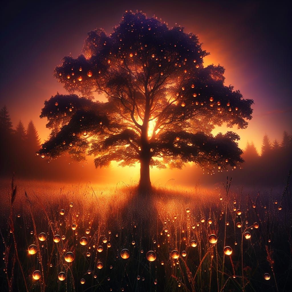 Tree at Dawn Dripping with Dew in Golden Light