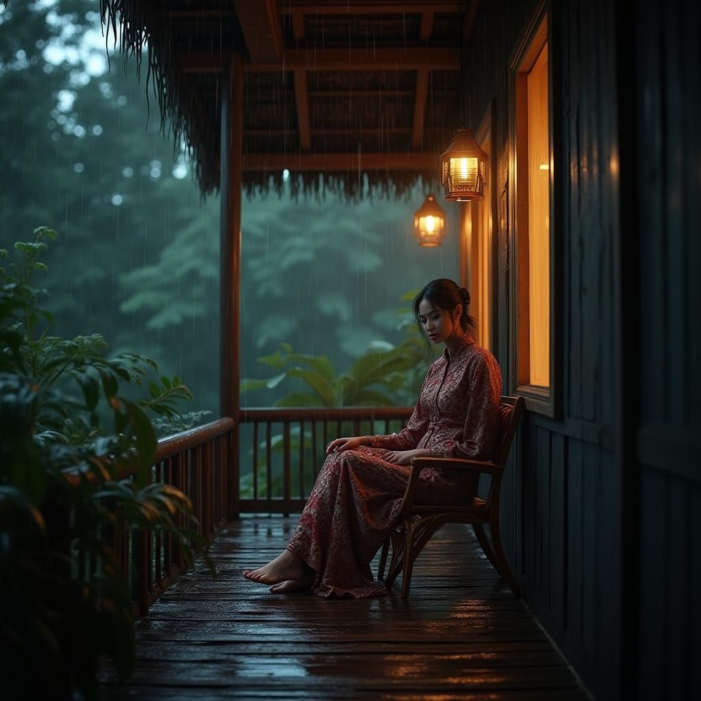 Malaysian Woman in Rain, Hyperrealistic 3D Render