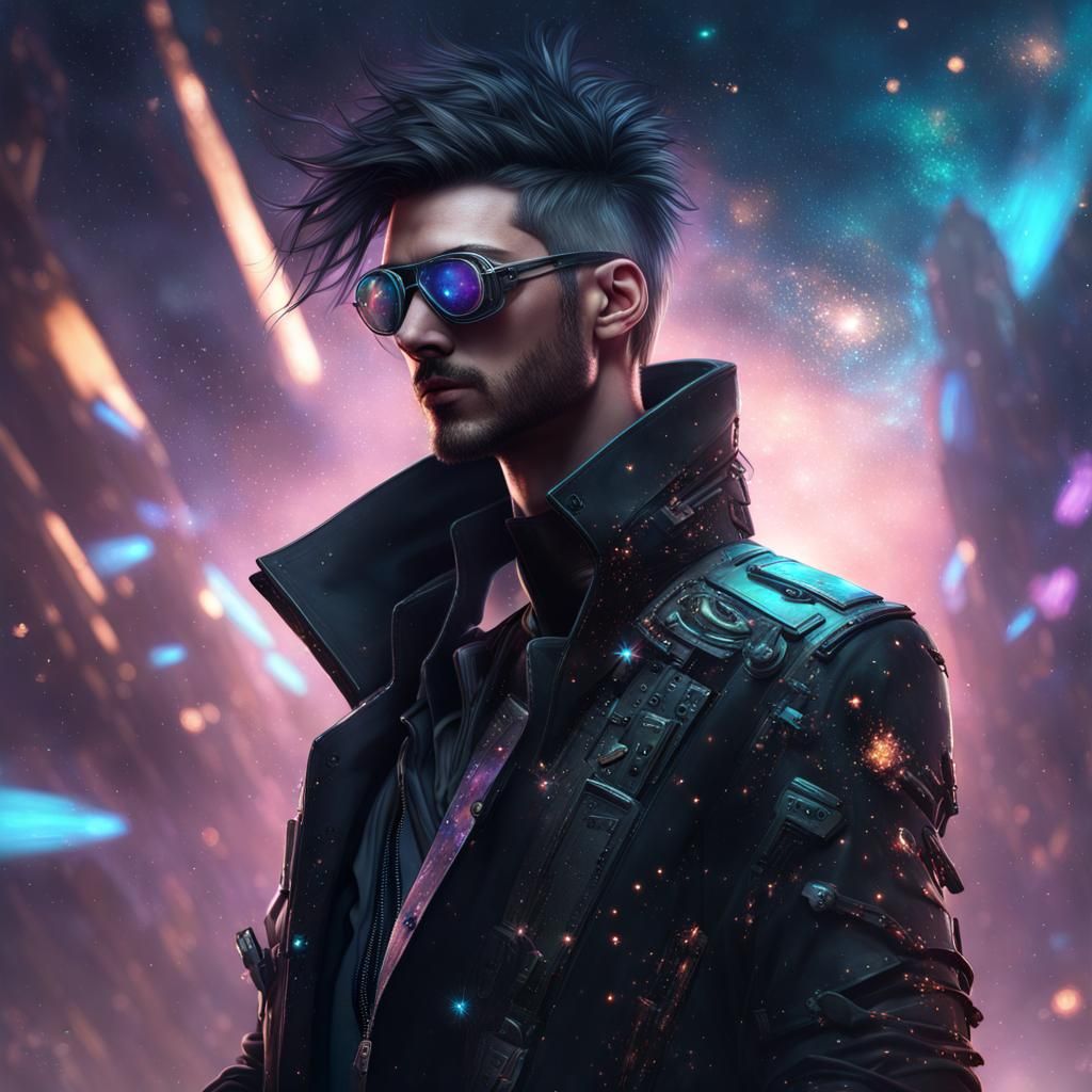 Cyberpunk Assassin Portrait with Exploding Stars