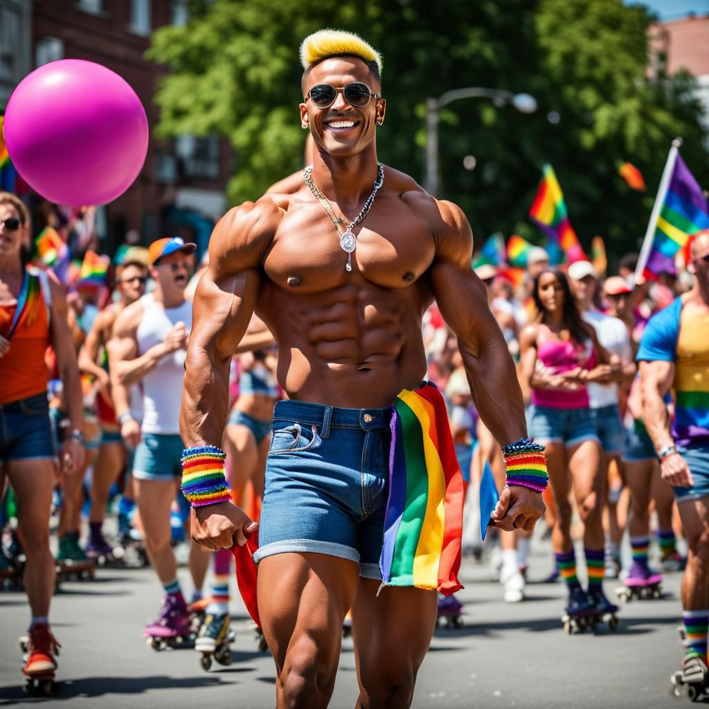Muscular Bodybuilder Exudes Pride in Gay Pride Parade