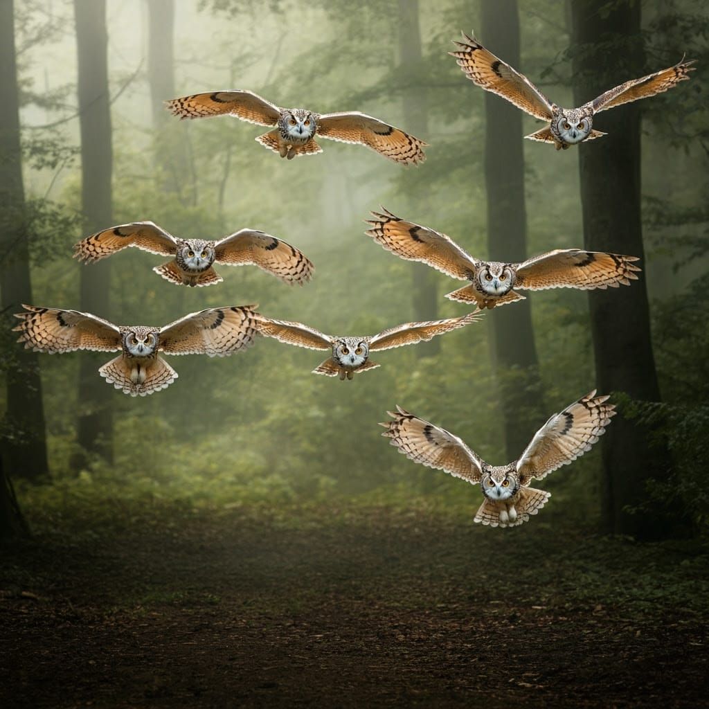 Majestic Owls Soar Through Dreamlike Forest Landscape