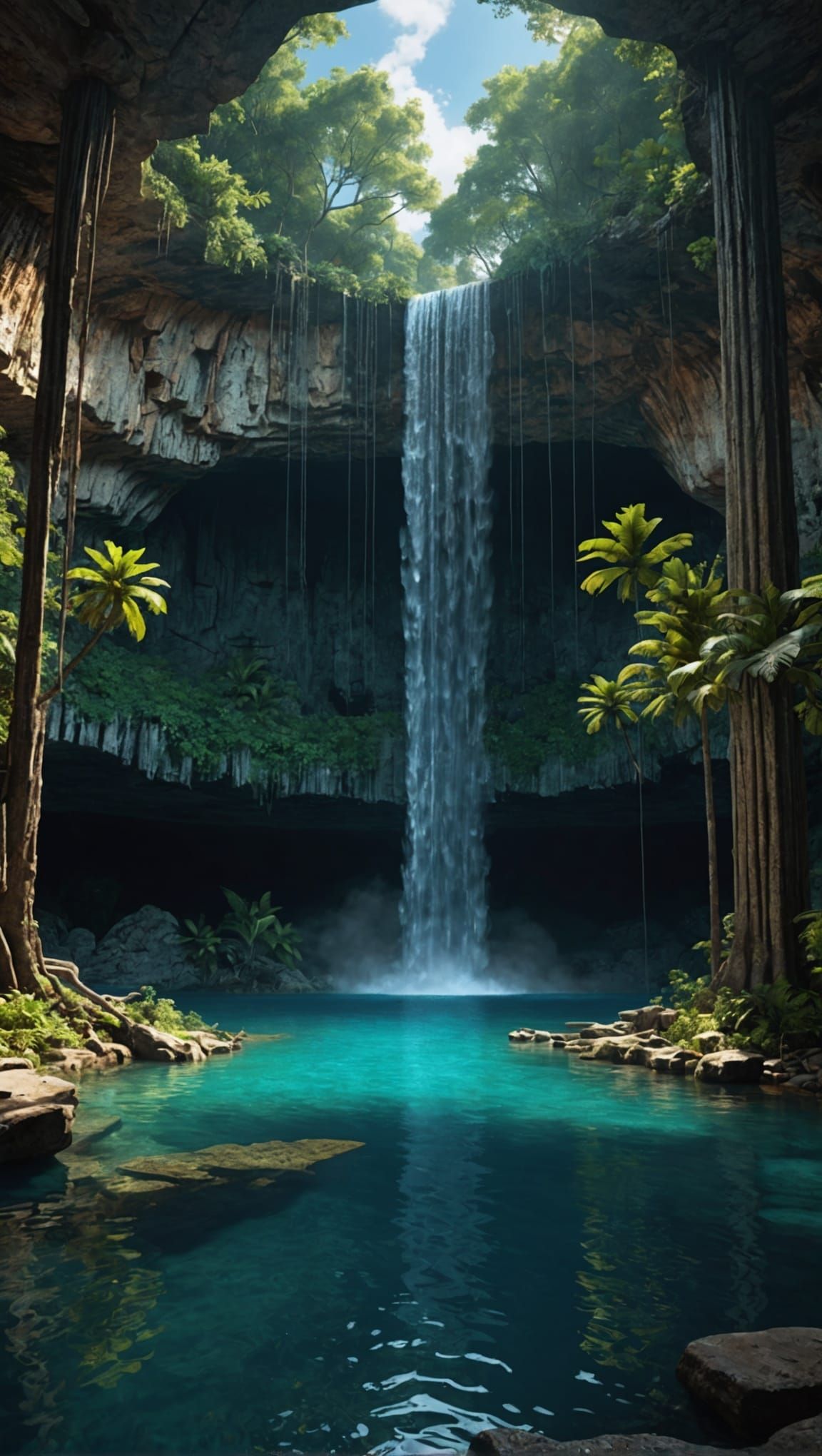 Spectacular Cenote Waterfall in a Lush Forest