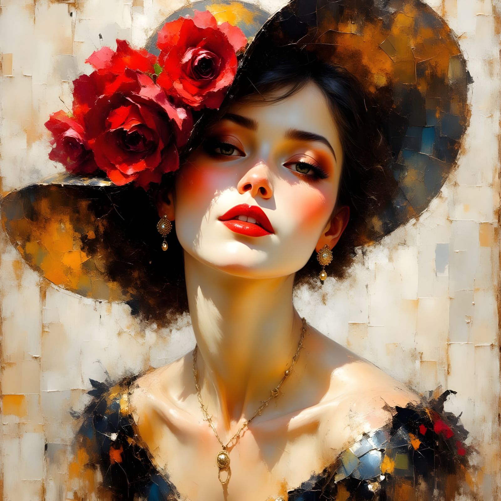 Impasto Oil Painting of Woman with Roses in Vintage Hat
