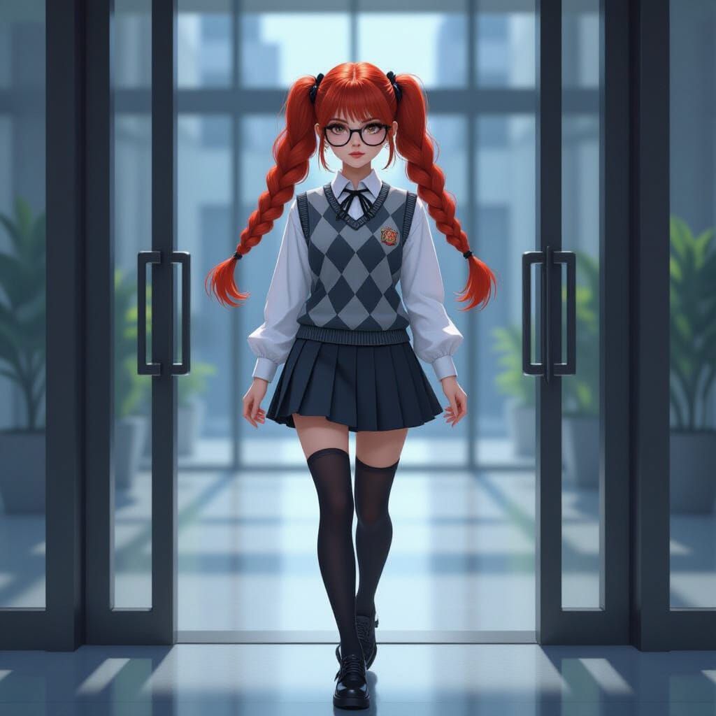 Academic Goth Student Strides Through Office Doors