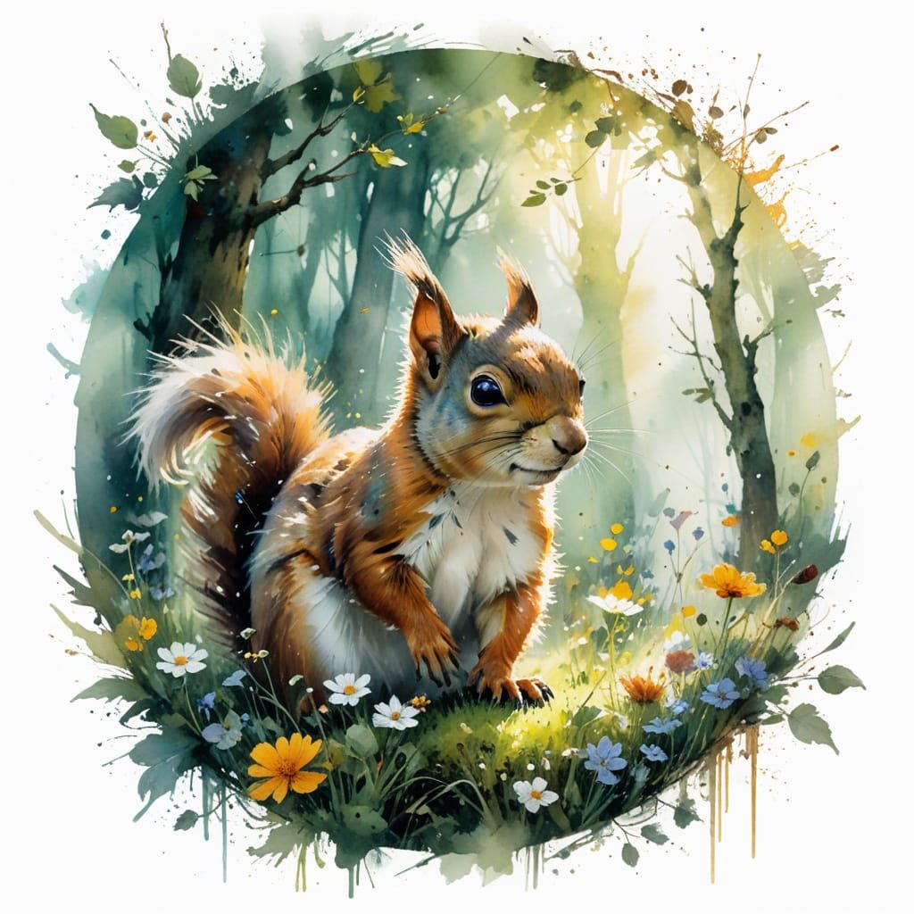 Vibrant Summer Grove Scene with Animated Squirrel