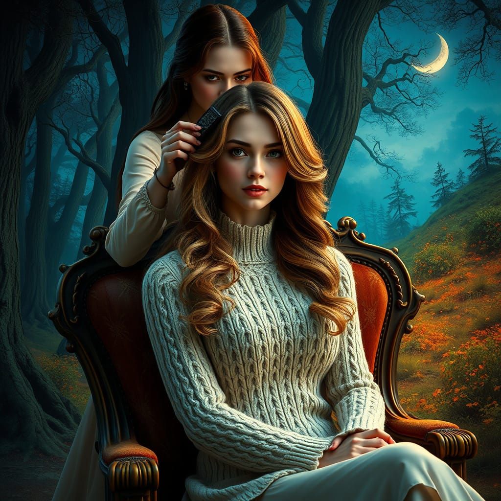 Woman with Dual-Toned Hair in Whimsical, Dreamlike Setting